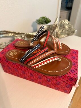 Tory Burch Brown Leather Slide Sandals with Red, Navy & White Trim